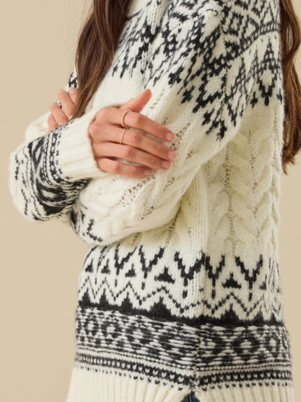 Altar'd State Ivory and Black Fair Isle Cable Knit Sweater